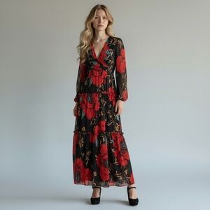 LINI Kristin Tiered Long Sleeve Black & Red Floral Maxi Dress